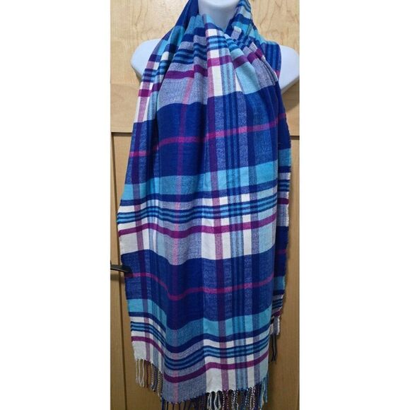 J. Crew Blue & Purple Plaid Woven Scarf With Fringe Edges cottagecore  grandma - Picture 2 of 4